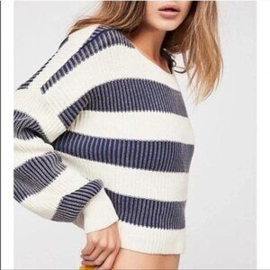 Free People Just My Stripe Navy Cropped Oversize Cotton Sweater Navy White M